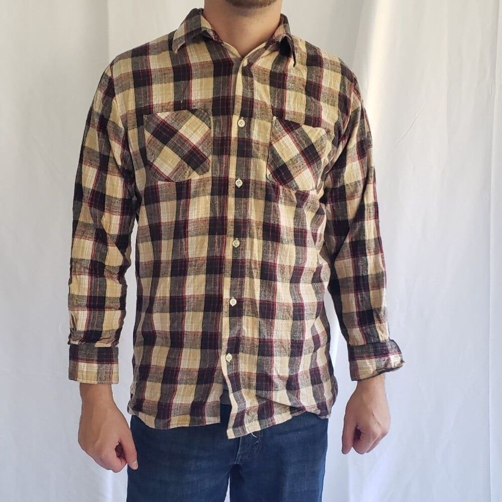 80s Tan Plaid Flannel Shirt